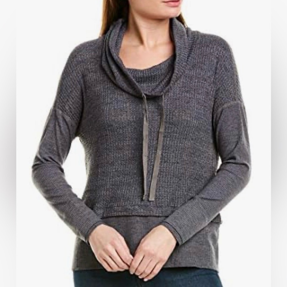 THREE DOTS DARK GRAY CHUNKY HEATHER THERMAL BOXY COWL NECK HOODED SWEATSHIRT. M